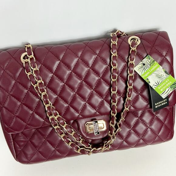 Badgley Mischka Vegan Leather Quilted Messenger Bag Chain Handle - Picture 2 of 7